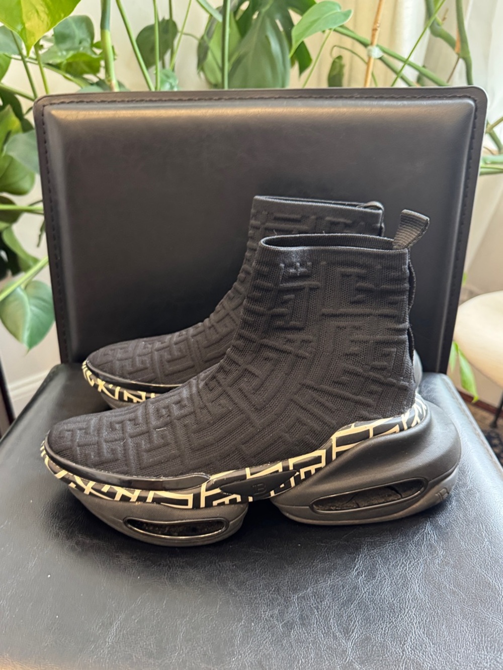 Balmain Black Knit Sock Sneakers with Contrasting Ivory Patterned Midsole - Picture 3 of 7